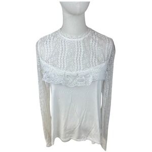 Pols NWOT SZ SM White Lace Trimmed Sheer Sleeve Mock Neck Blouse Top